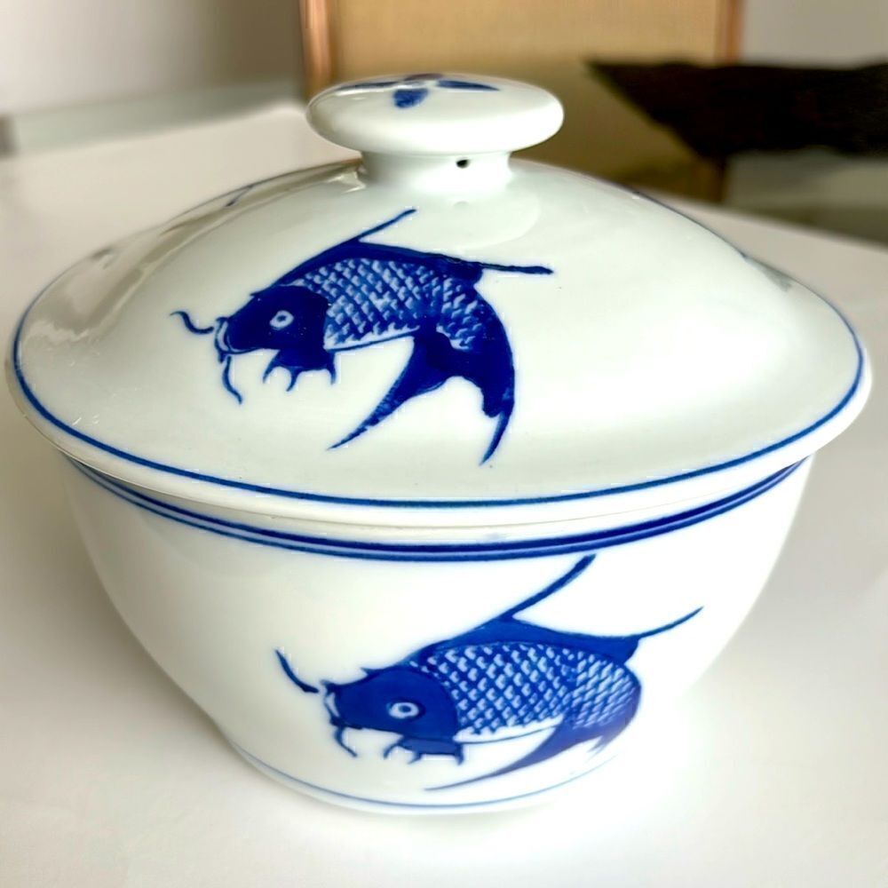 Chinese Koi Fish Serving Bowl With Lid Ceramic Blue White